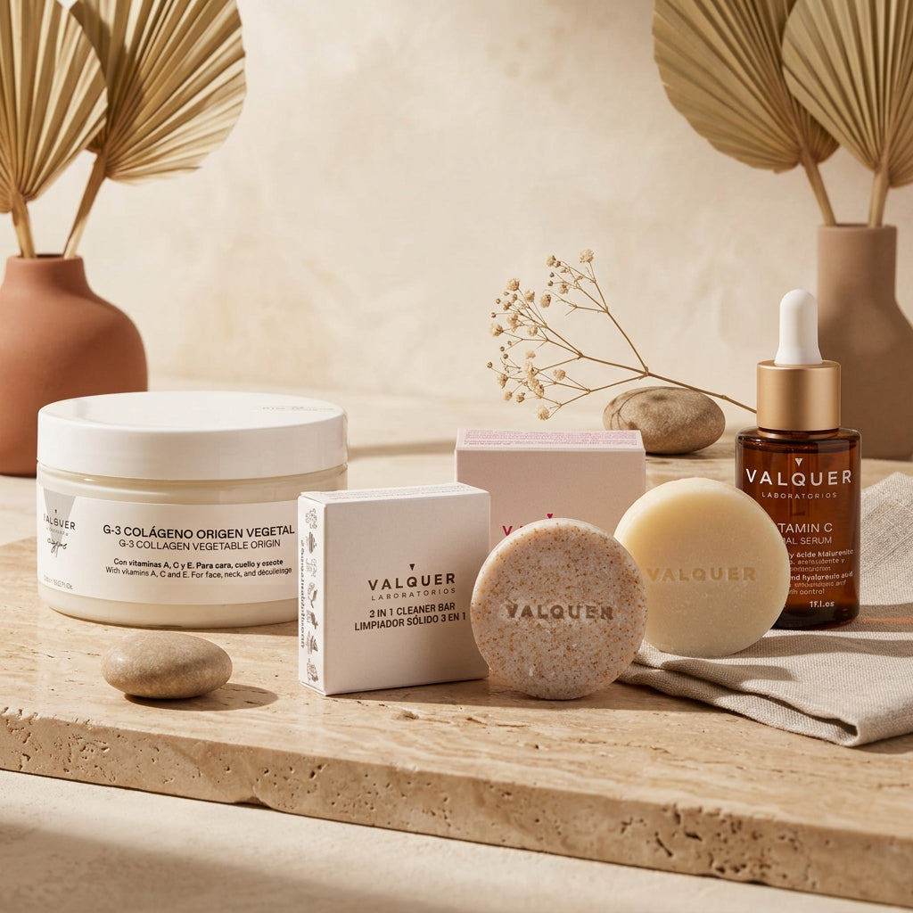 Rutina facial completa Valquer con colágeno vegetal, vitamina C y productos de limpieza facial sólida.