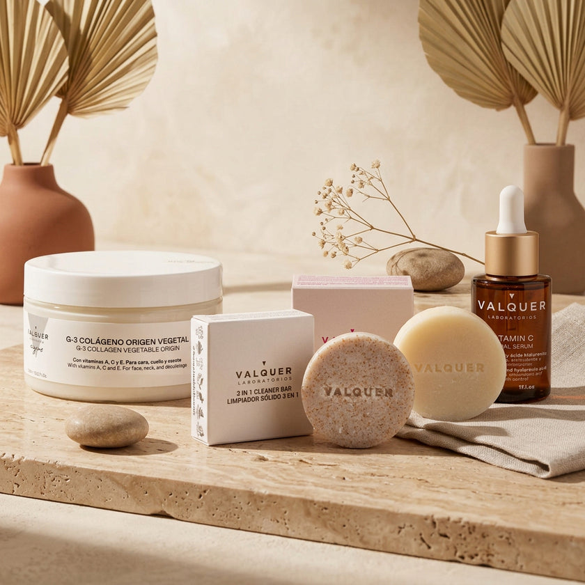 Rutina facial completa Valquer con colágeno vegetal, vitamina C y productos de limpieza facial sólida.
