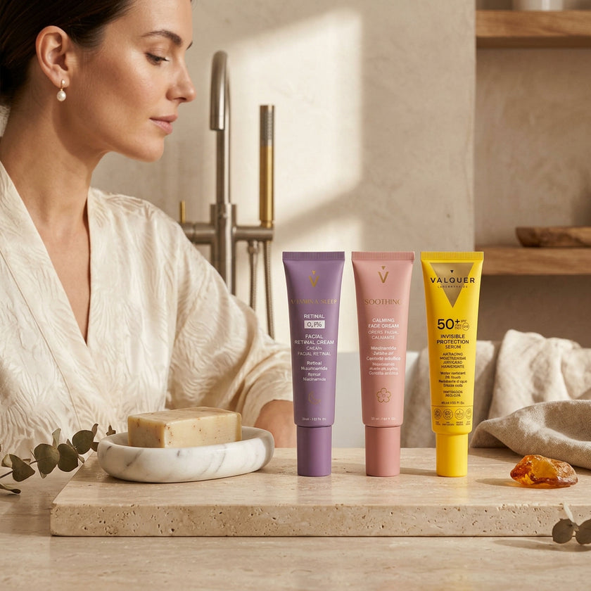 Mujer junto a una rutina facial completa Valquer con Retinal 0,1%, crema calmante Soothing y protección solar SPF 50+.