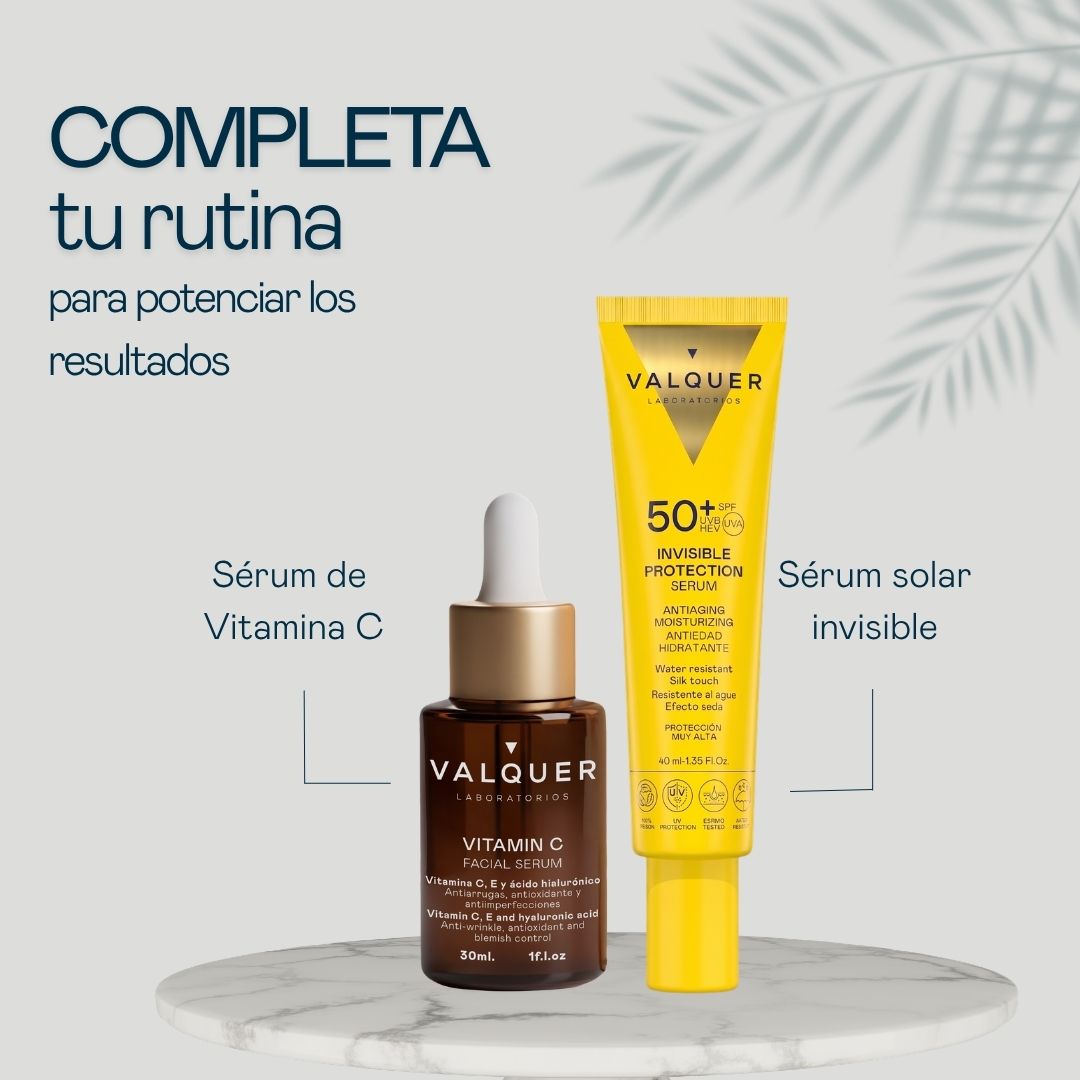 Rutina facial Valquer con crema Energy Bomb y Sérum Solar Facial Invisible SPF 50+ para hidratar y proteger la piel.