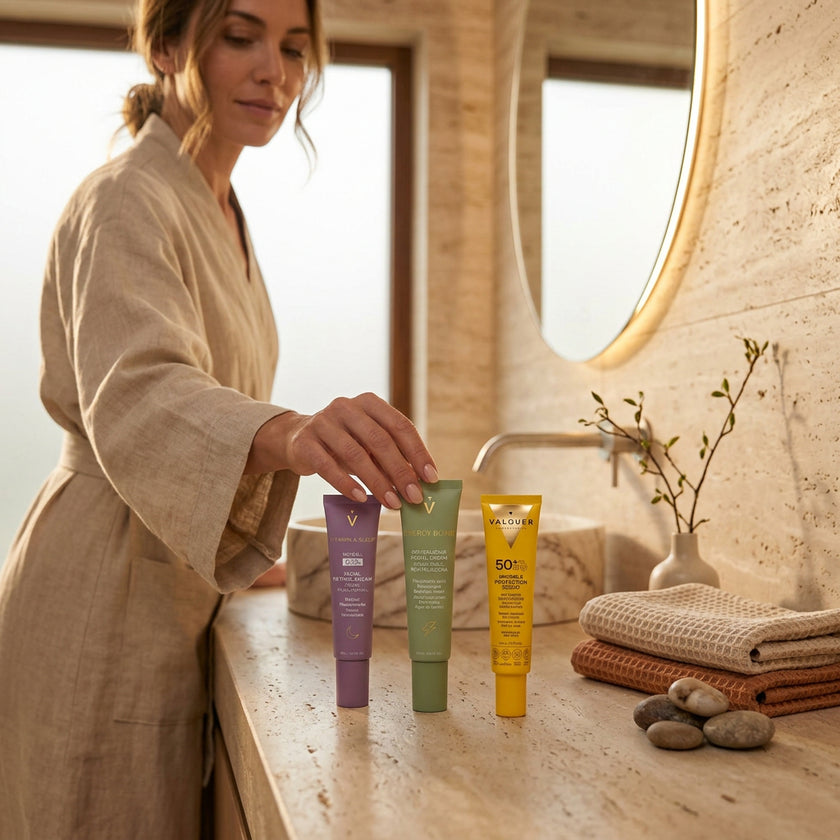 Mujer junto a una rutina facial de hidratación, renovación y protección solar con Energy Bomb, Retinal 0,1% y SPF 50+ Valquer.