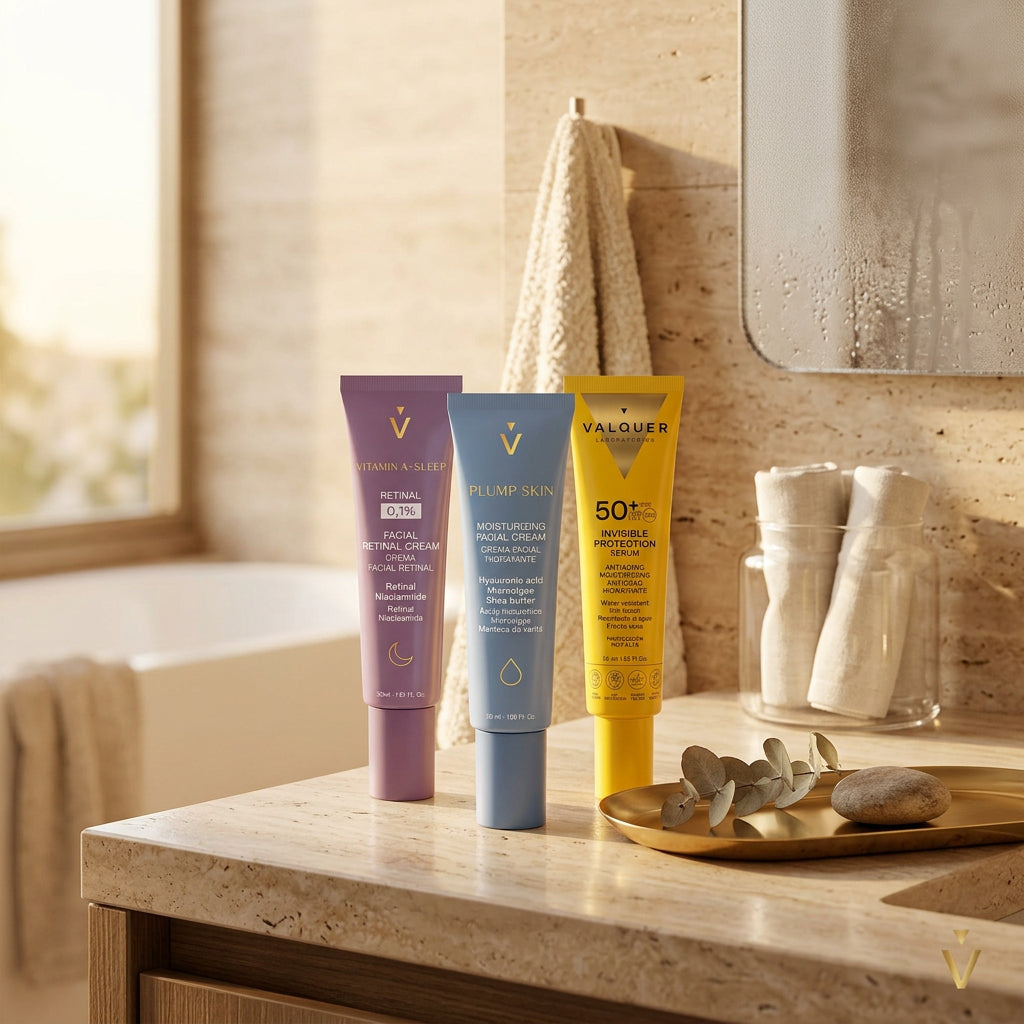 Rutina facial de nutrición, renovación y protección solar con Retinal 0,1%, Plump Skin y sérum facial SPF 50+ Valquer.