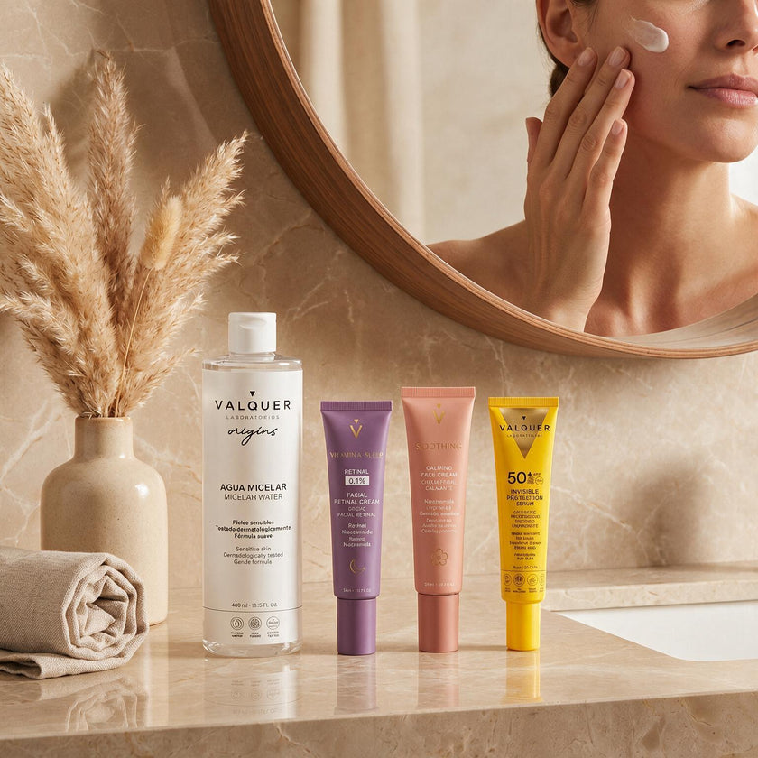 Productos Valquer para una rutina de piel sensible con limpieza, tratamiento con retinal, crema calmante y protección solar SPF 50+.