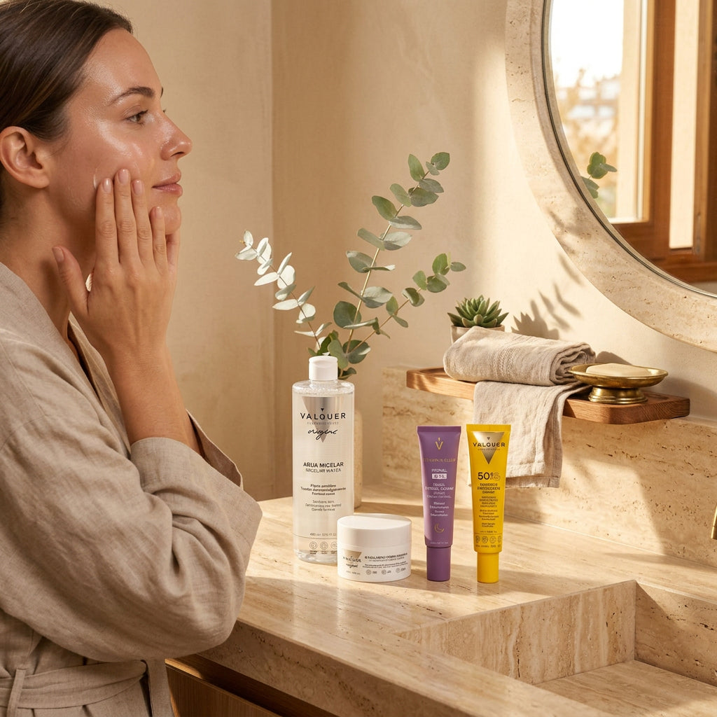 Bodegón de rutina facial con agua micelar para piel sensible, crema Retinal, crema de colágeno y protector solar invisible Valquer.