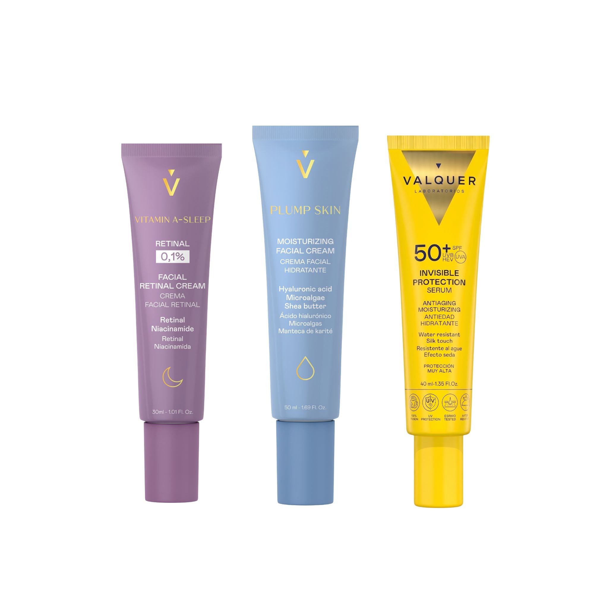 Rutina facial Valquer con crema Retinal 0,1%, crema hidratante Plump Skin y Sérum Solar Facial Invisible SPF 50+.