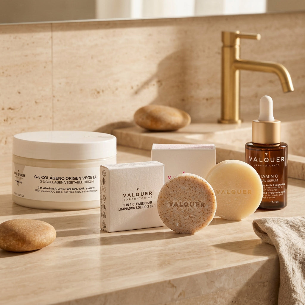 Rutina facial Valquer con crema de colágeno vegetal, sérum de vitamina C y limpiadores faciales sólidos.