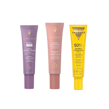 Rutina facial Valquer con crema Soothing, Retinal 0,1% y Sérum Solar Facial Invisible SPF 50+.
