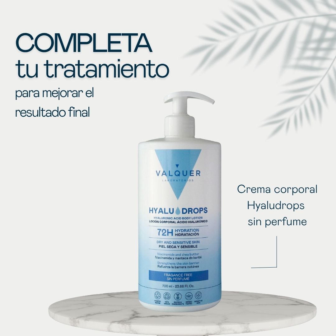 Gel conductor Valquer junto a la crema corporal Hyaludrops con ácido hialurónico, sin perfume, para completar el tratamiento