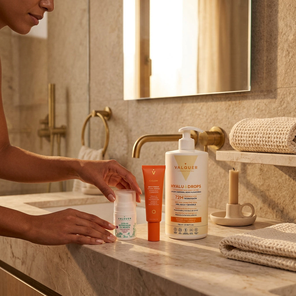 Rutina corporal y facial Valquer con Hyaludrops Naranja y Vainilla, sérum reparador de manos y crema iluminadora C-Glow.