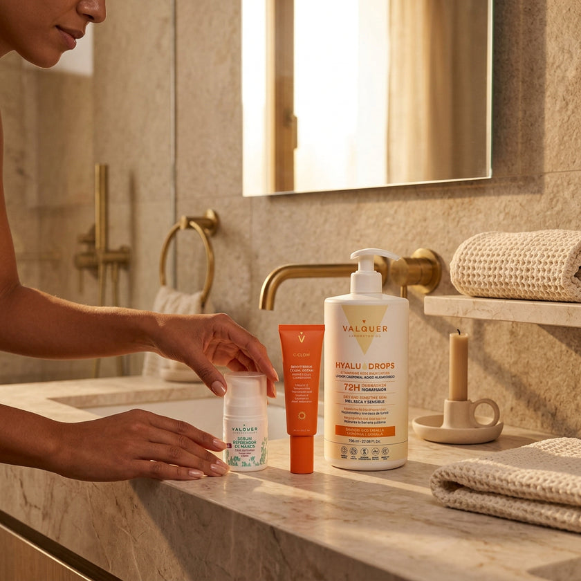 Rutina corporal y facial Valquer con Hyaludrops Naranja y Vainilla, sérum reparador de manos y crema iluminadora C-Glow.