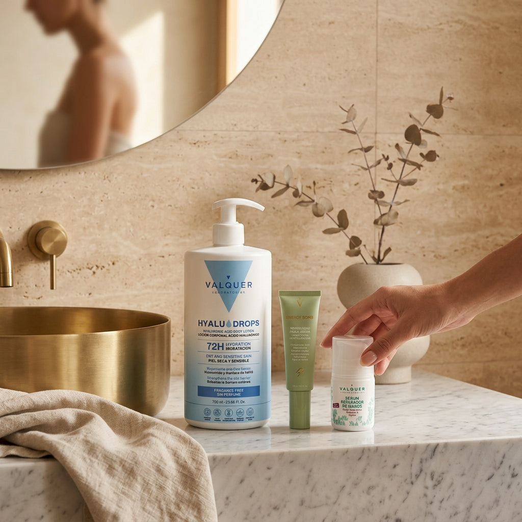 Rutina corporal, facial y de manos Valquer con Hyaludrops Sin Perfume, Energy Bomb y sérum reparador de manos en el baño.