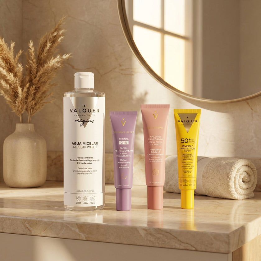 Rutina facial para piel sensible con agua micelar, Retinal 0,1%, crema Soothing y protector solar invisible SPF 50+ de Valquer.