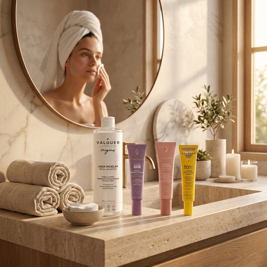 Rutina facial Valquer para piel sensible con agua micelar, sérum Retinal 0,1%, crema Soothing y protector solar invisible SPF 50+.