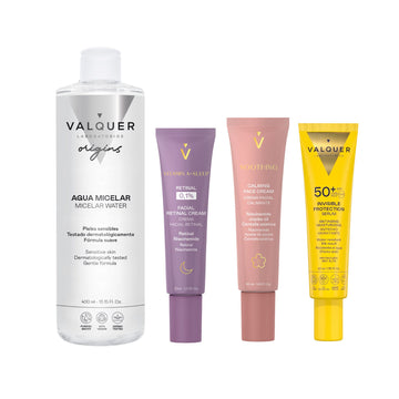 Rutina facial Valquer para piel sensible con agua micelar, crema Retinal 0,1%, crema calmante Soothing y protector solar invisible SPF 50+.
