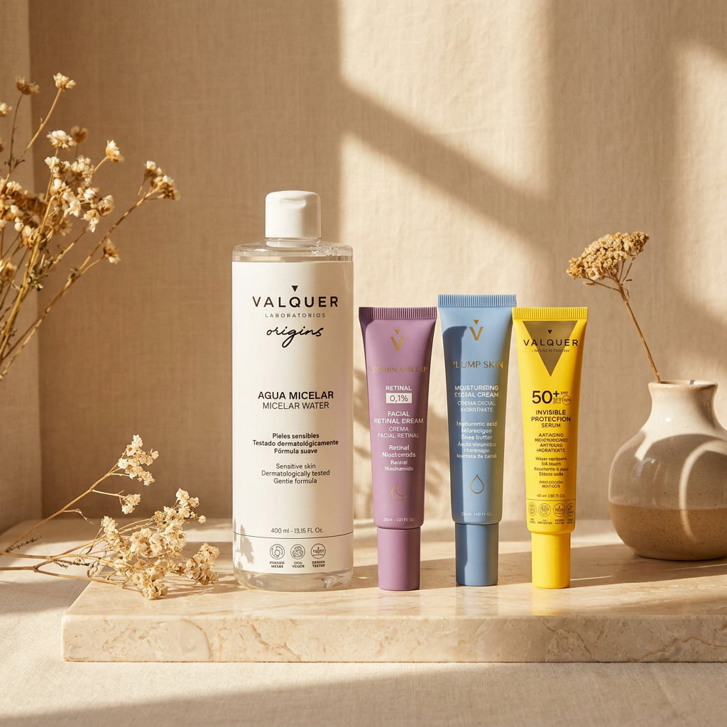 Bodegón de rutina facial para piel sensible con agua micelar, retinal, crema hidratante Plump Skin y protección solar SPF 50+.