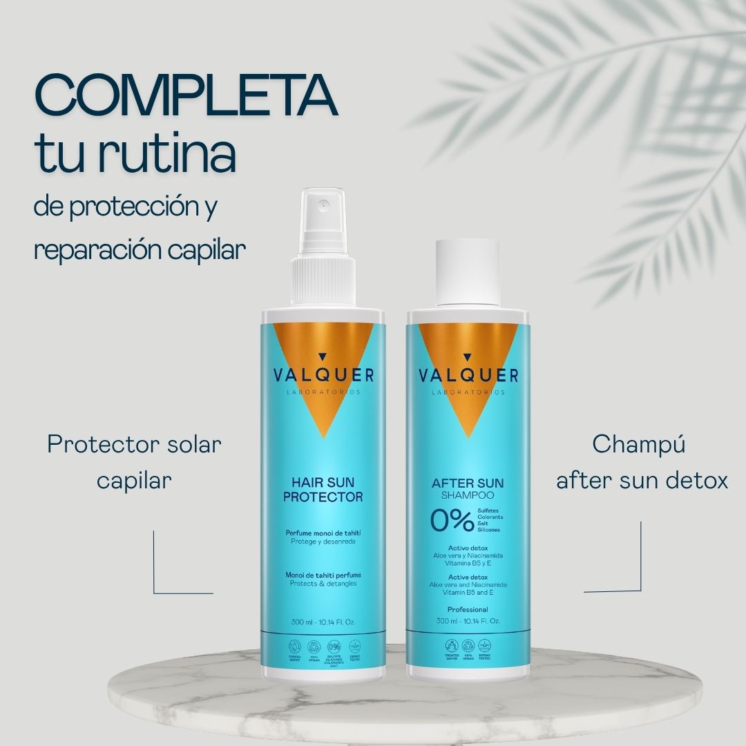 Rutina capilar con protector solar para el cabello y champú After Sun Detox de Valquer