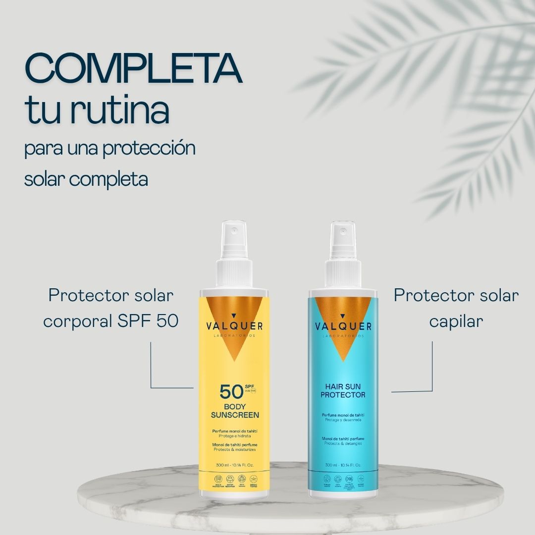 Rutina de protección solar completa Valquer: protector solar corporal SPF 50 y protector solar capilar con perfume monoi de tahití