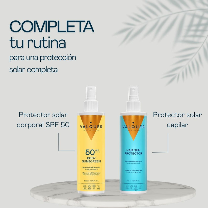 Rutina de protección solar completa Valquer: protector solar corporal SPF 50 y protector solar capilar con perfume monoi de tahití