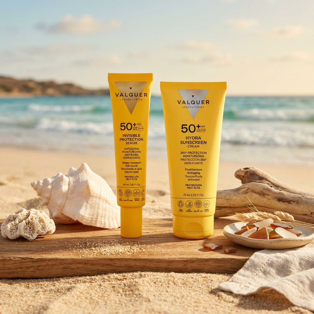 Rutina de protección solar facial Valquer con Sérum Solar Invisible y crema Hydra Sunscreen SPF 50+ frente al mar.