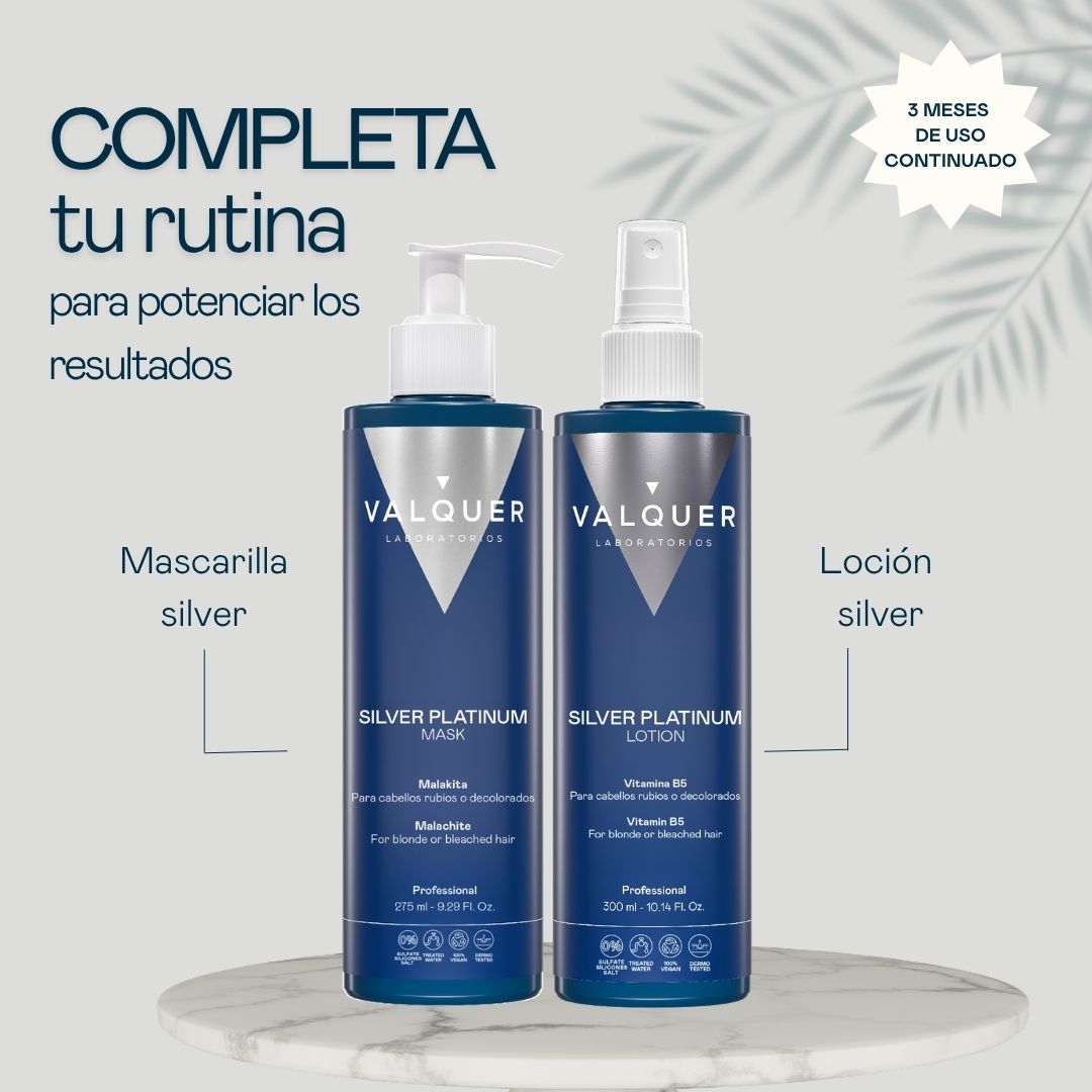 Rutina Silver Platinum Valquer con mascarilla y loción matizadora para potenciar los resultados tras 3 meses de uso continuado