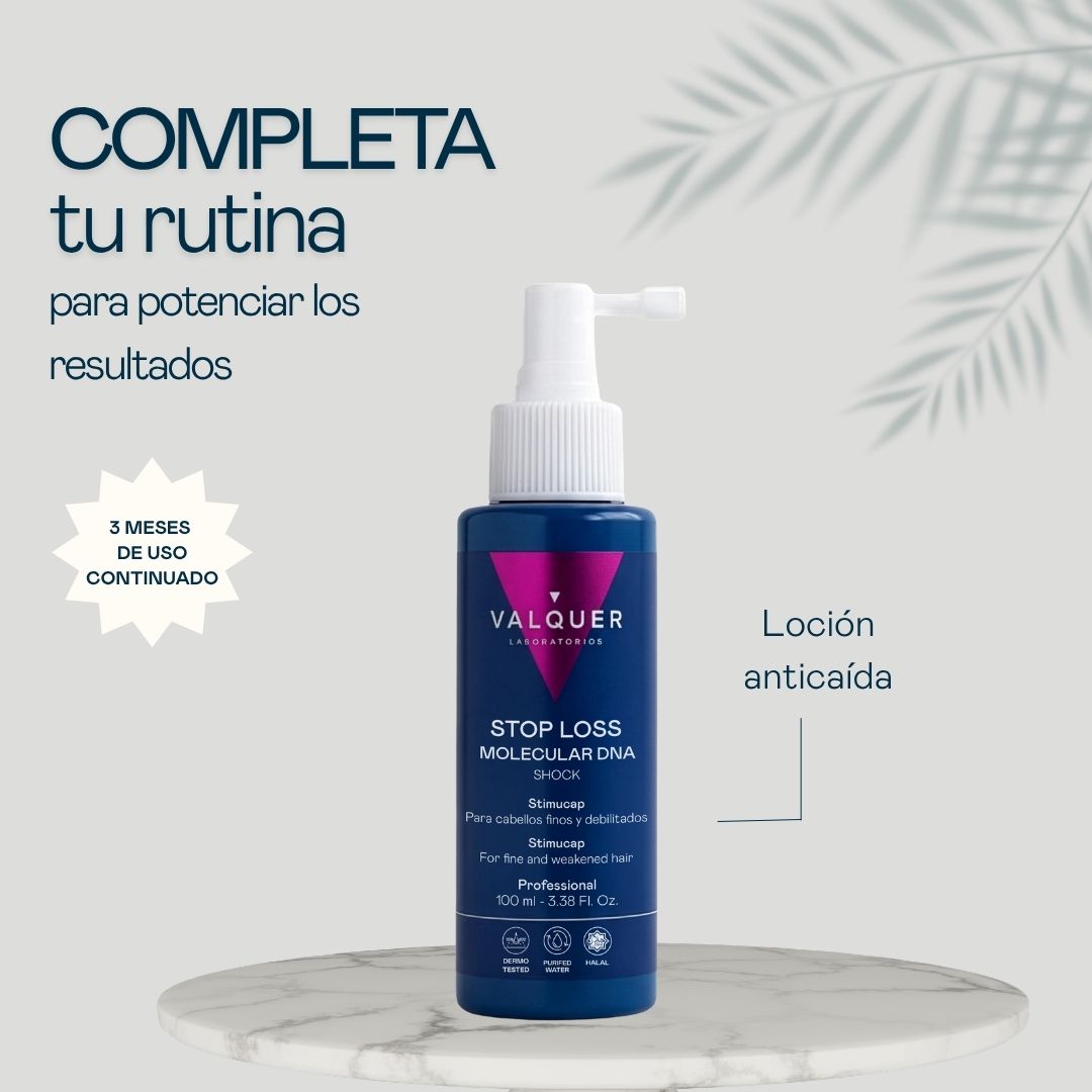 Champú Stop Loss Valquer junto a la loción anticaída Molecular DNA Shock para potenciar los resultados en 3 meses de uso continuado