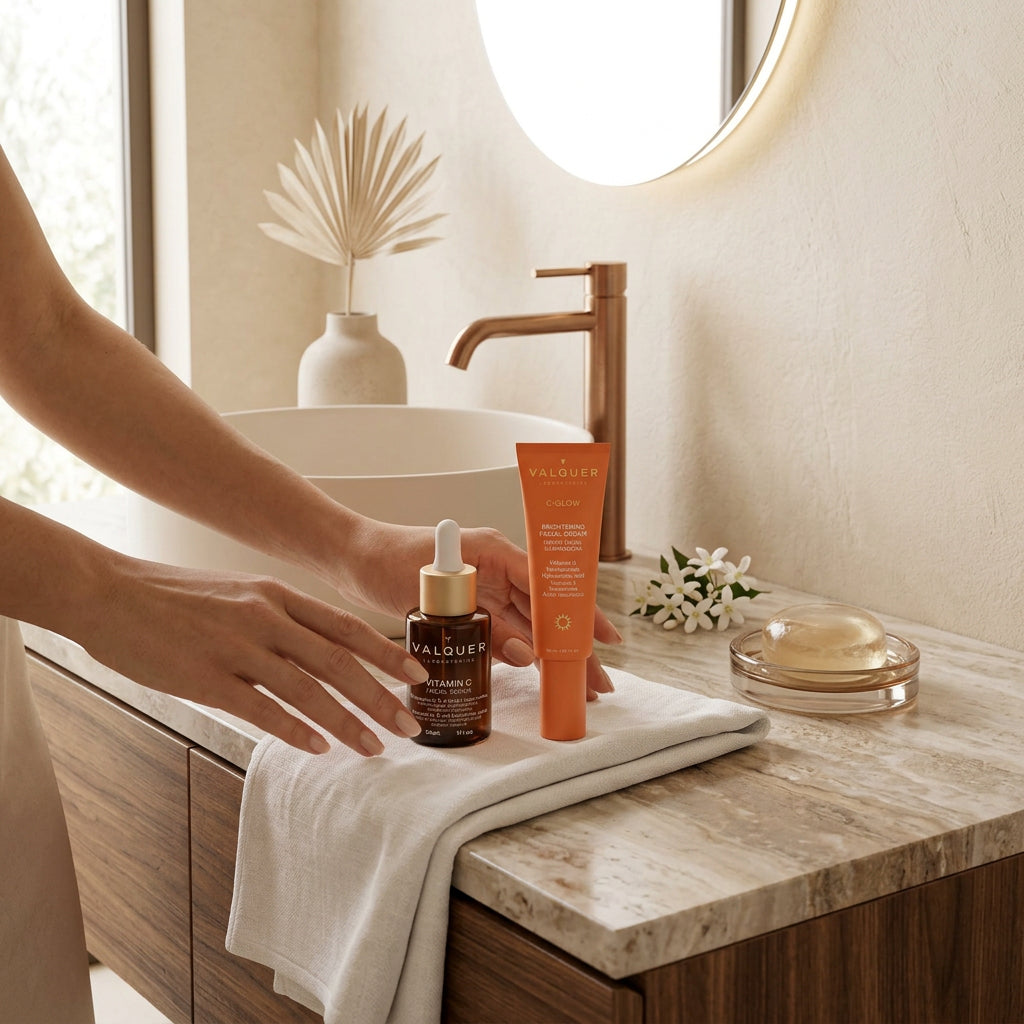 Sérum vitamina C y crema iluminadora C-Glow de Valquer sobre encimera de baño