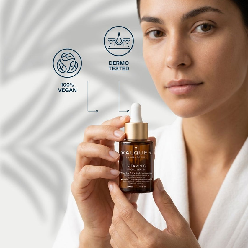 Mujer mostrando el Sérum Facial Vitamina C de Valquer, fórmula 100% vegana y dermatológicamente testada.