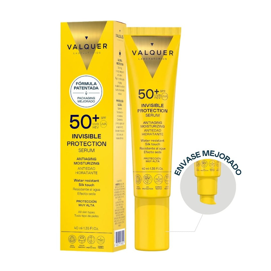 Sérum Solar Facial Invisible SPF 50+ de Valquer con fórmula patentada, efecto seda, resistencia al agua y envase mejorado