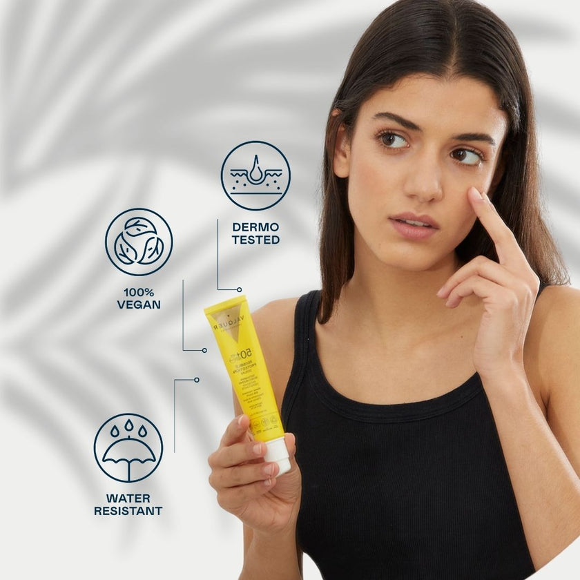 Sérum protector solar facial SPF 50+ Valquer, vegano, dermatológicamente testado y resistente al agua
