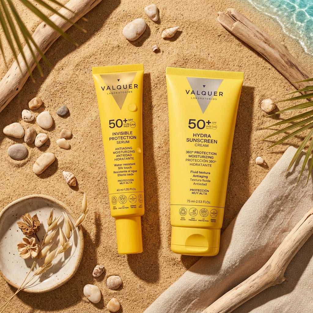 Sérum Solar Facial Invisible y crema Hydra Sunscreen SPF 50+ de Valquer colocados sobre la arena de la playa.