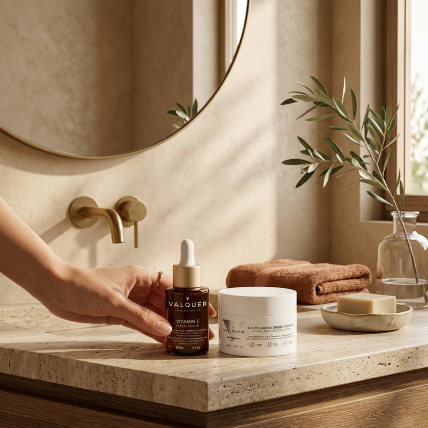 Sérum vitamina C y crema colágeno G-3 de Valquer sobre encimera de baño