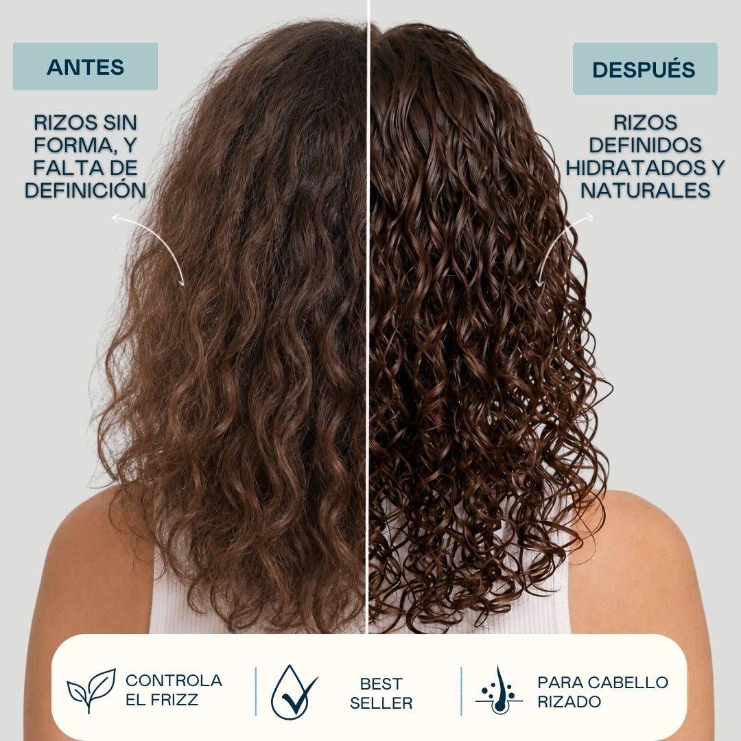Antes y después del booster Special Curls Valquer: rizos sin forma y falta de definición transformados en rizos definidos, hidratados y naturales