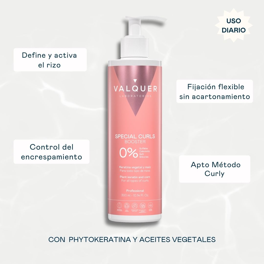 Booster Special Curls Valquer con phytokeratina y aceites vegetales: define y activa el rizo, fijación flexible sin acartonamiento, controla el encrespamiento, apto Método Curly