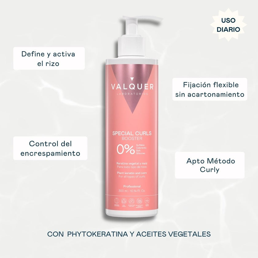 Booster Special Curls Valquer con phytokeratina y aceites vegetales: define y activa el rizo, fijación flexible sin acartonamiento, controla el encrespamiento, apto Método Curly