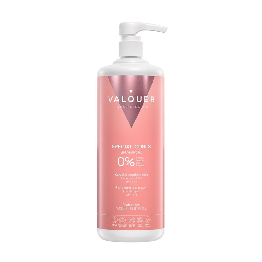 Special Curls Shampoo Valquer 1000 ml, 0% sulfatos, con keratina vegetal y maíz para todo tipo de rizos