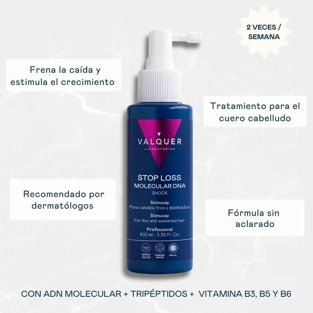 Sérum anticaída Stop Loss Molecular DNA Shock Valquer 100 ml con Stimucap: frena la caída y estimula el crecimiento, tratamiento para el cuero cabelludo sin aclarado, recomendado por dermatólogos