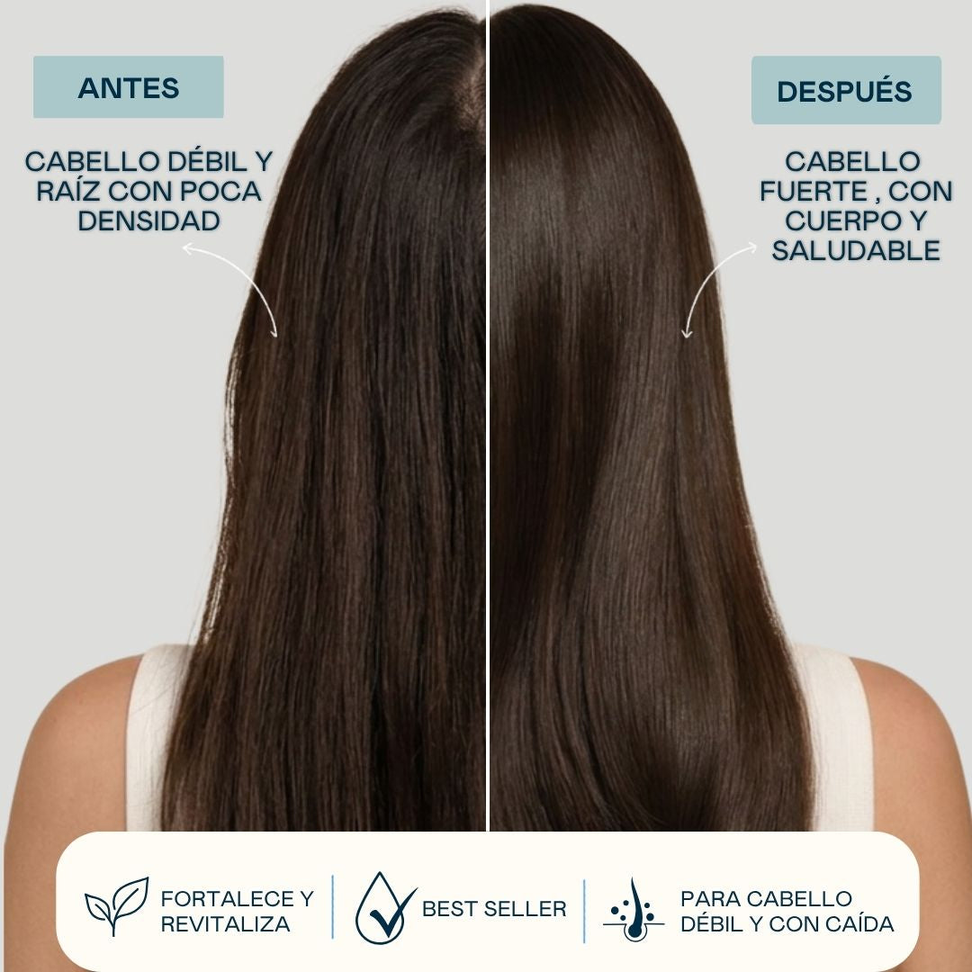 Antes y después del tratamiento anticaída Stop Loss Valquer: cabello débil y con raíz de poca densidad transformado en cabello fuerte, con cuerpo y saludable