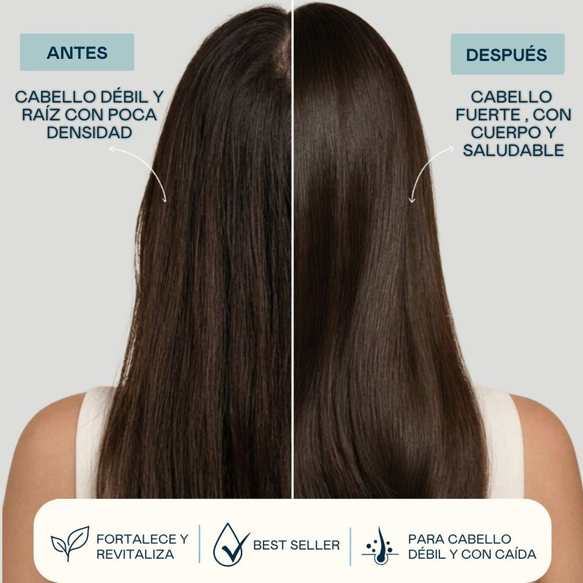 Antes y después del tratamiento anticaída Stop Loss Valquer: cabello débil y con raíz de poca densidad transformado en cabello fuerte, con cuerpo y saludable