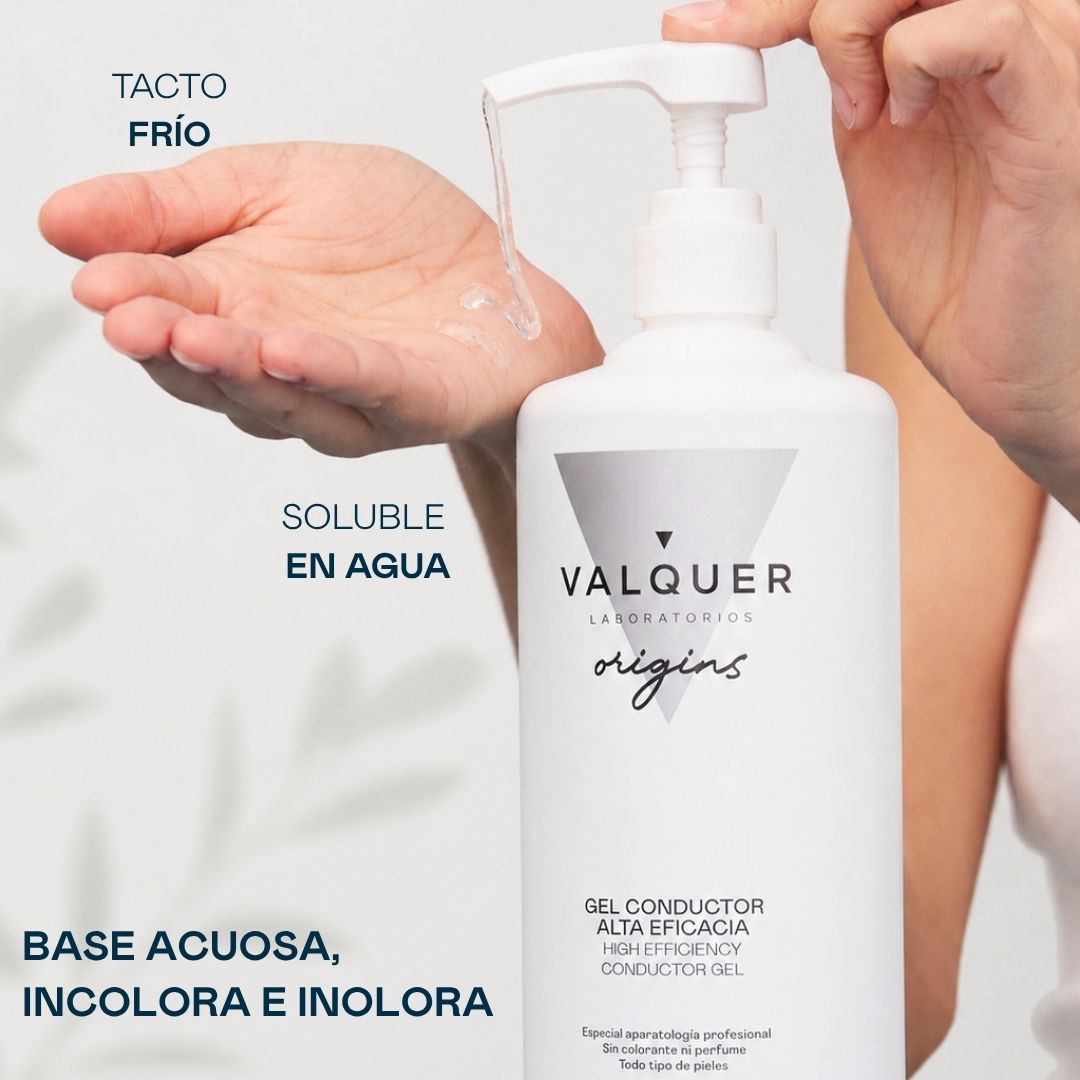 Textura del gel conductor Valquer Origins aplicada en la mano: base acuosa, incolora e inolora, tacto frío y soluble en agua