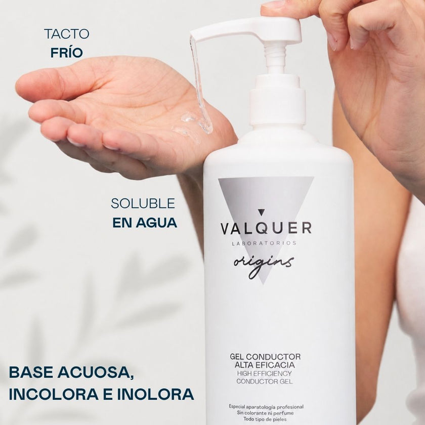 Textura del gel conductor Valquer Origins aplicada en la mano: base acuosa, incolora e inolora, tacto frío y soluble en agua