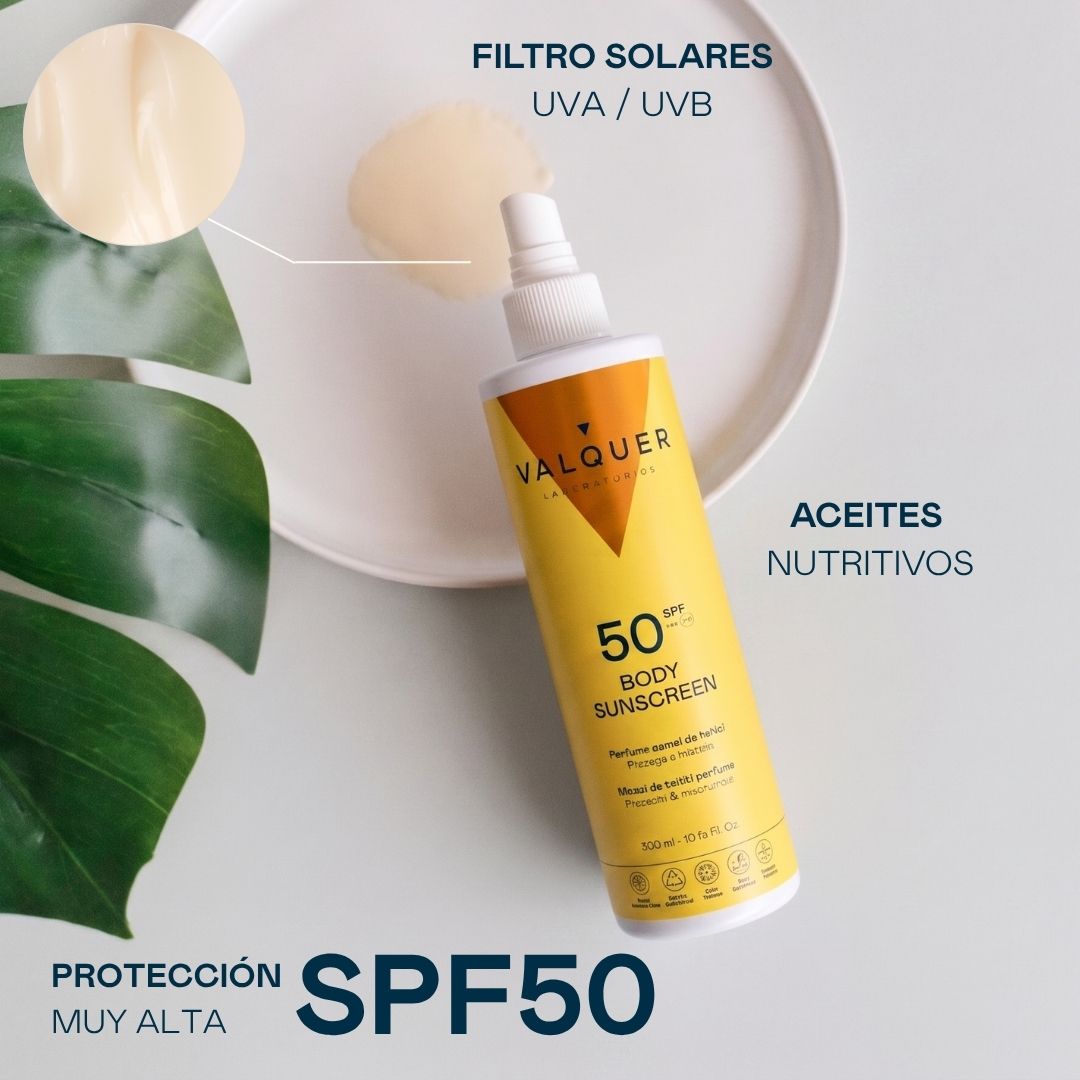 Textura del protector solar corporal SPF 50 Valquer con filtros UVA/UVB y aceites nutritivos, protección muy alta