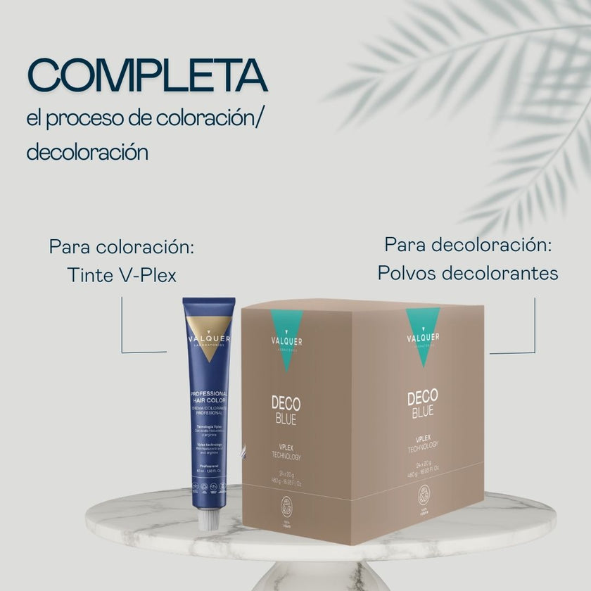 Tinte profesional V-Plex y polvos decolorantes Deco Blue de Valquer para usar con oxidante 10 volúmenes