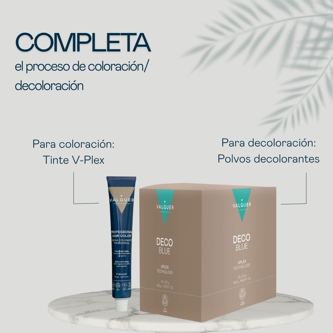 Tinte profesional V-Plex y polvos decolorantes Deco Blue de Valquer para completar la coloración o decoloración con oxidante