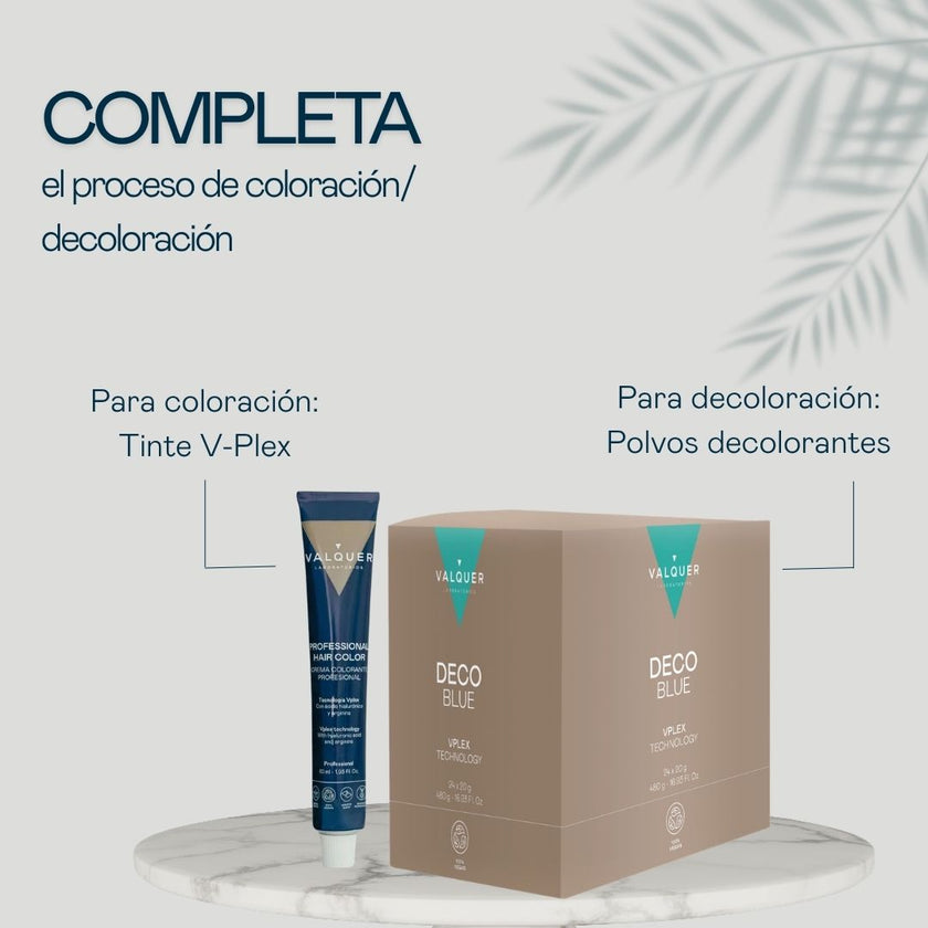 Tinte profesional V-Plex y polvos decolorantes Deco Blue de Valquer para completar la coloración o decoloración con oxidante