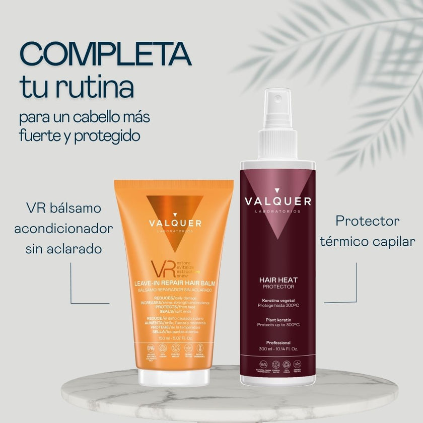 Tratamiento Bioplex Nº1 Valquer junto a bálsamo VR y protector térmico Hair Heat para completar la rutina