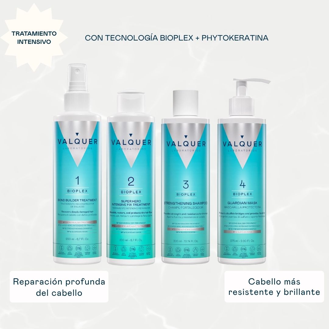 Tratamiento intensivo Bioplex Valquer de cuatro pasos para reparar el cabello dañado y mejorar su resistencia y brillo
