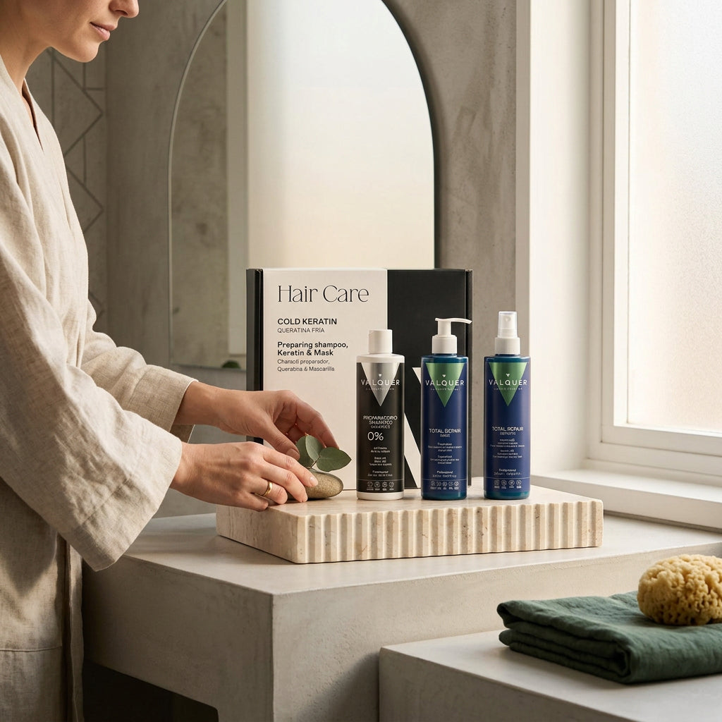 Aplicación de la rutina Hair Care con keratina fría y productos Total Repair para cabello dañado.