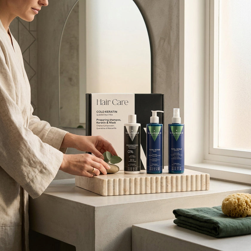 Aplicación de la rutina Hair Care con keratina fría y productos Total Repair para cabello dañado.