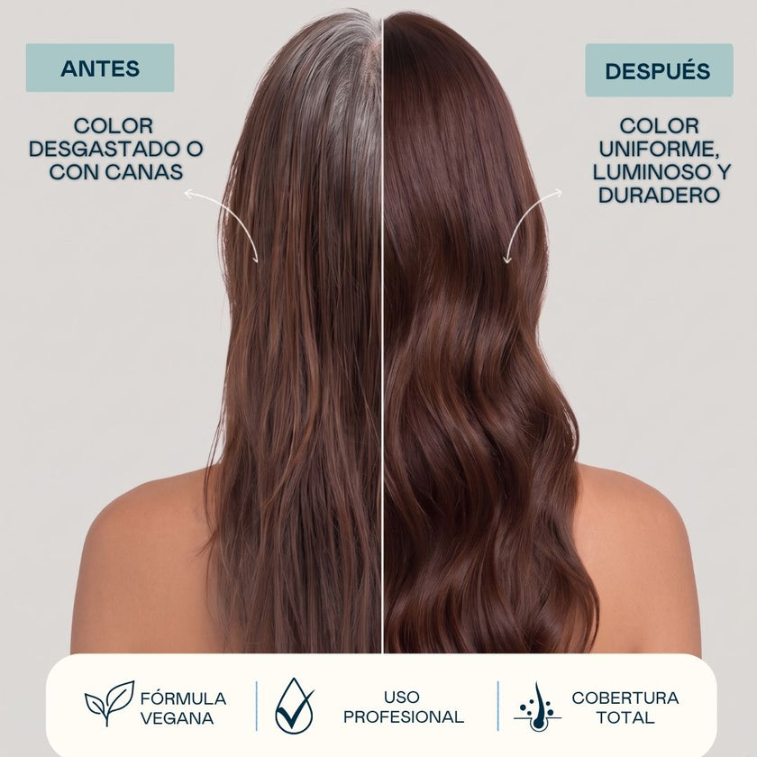 Comparativa de cabello castaño con canas antes y cabello de color uniforme y brillante después.