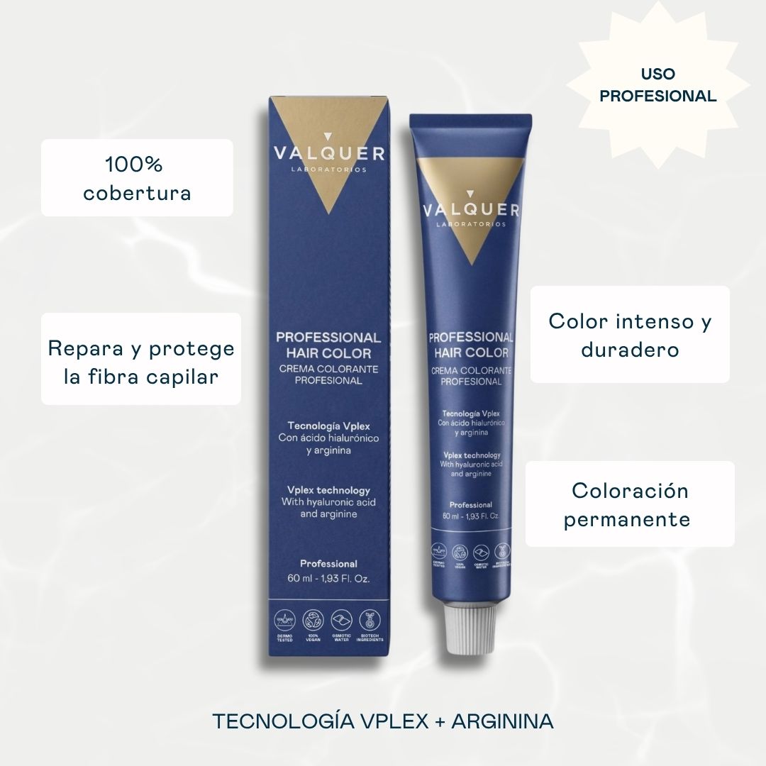 Caja y tubo de coloración Valquer Vplex con información sobre cobertura y uso profesional.